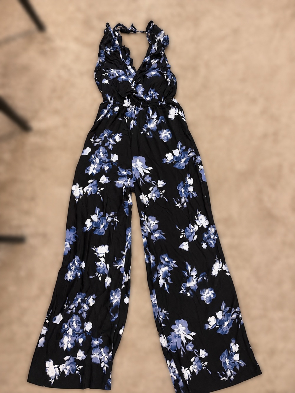 Altar'd State Black Wide-Leg Floral Jumpsuit with Blue & White Print